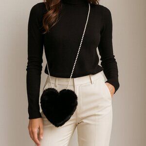 Elegant Faux Fur Heart Shaped Purse Bag Crossbody Faux Pearl Chain Strap Black